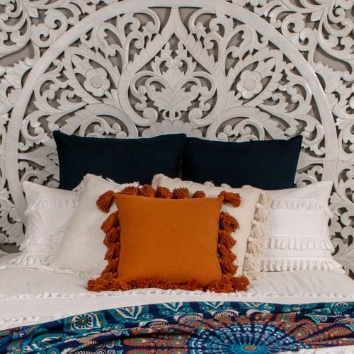 Mandala bed head - closeup of bed, headboard and throw pillows